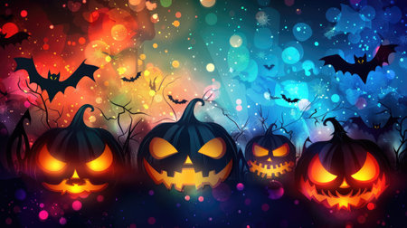 Glowing jack-o'-lanterns and spooky faces set against a colorful Halloween background with bats and spider websの素材
