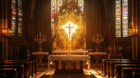 Elegant altar in a church, adorned with a radiant monstrance, candle, and chalice, under soft lighting and stained glass windowsの素材