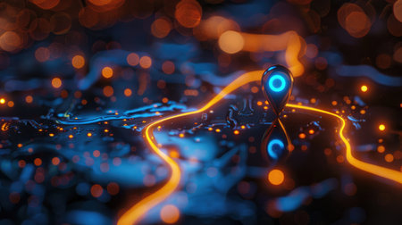 Digital map with illuminated routes and prominent location pin, symbolizing navigation and technology, vibrant blue and orange highlightsの素材
