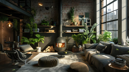 Dark loft living room with industrial features, cozy fireplace, modern furniture, and lush plants, with shelves and large window adding styleの素材