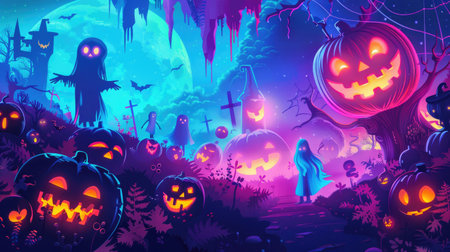 Halloween-themed illustration featuring brightly lit pumpkins, ghostly figures, and cobwebs against a neon-colored backdropの素材