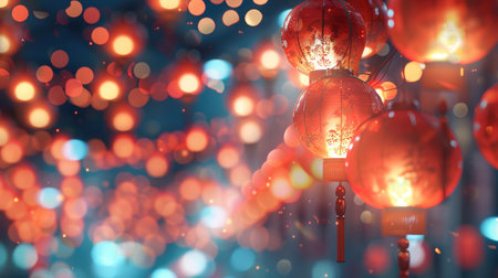 Red lanterns glowing brightly in a festive scene, set against a backdrop of blurred lights, evoking the spirit of a lantern festivalの素材