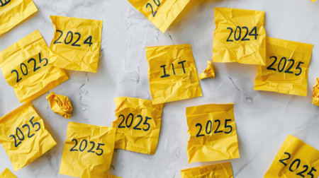 Sticky notes with "2024" and "2025" written in black ink, yellow notes with crumpled texture on a white surfaceの素材