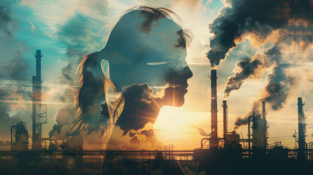 Industrial landscape silhouette of girl, double exposure with smoky backdrop, dramatic sky, powerful visual effectの素材