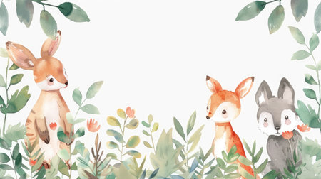 Cute watercolor frame with charming animals and vibrant plants, providing a whimsical backdrop for your message.の素材
