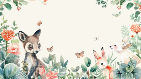 Delicate watercolor animals and vibrant plants create a frame, ideal for your text.の素材