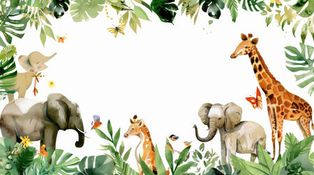 Delicate watercolor animals and vibrant plants create a frame, perfect for your textの素材