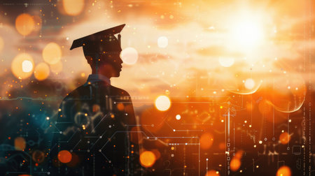 Graduation silhouette with digital graphics, bright sunlight background, symbolizing technology and educationの素材