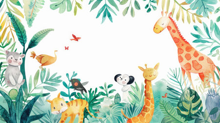 Lively watercolor animals among colorful plants, framing the perfect space for your text.の素材