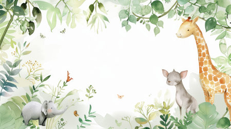 Soft watercolor frame featuring charming plants and animals, ideal for highlighting your text.の素材