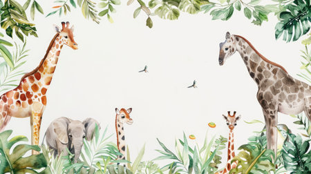 Delicate watercolor animals and vibrant plants create a frame, ideal for highlighting your text.の素材
