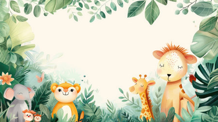 Soft watercolor frame featuring adorable animals among lush plants, perfect for highlighting your text.の素材