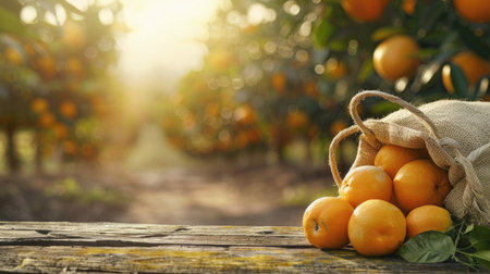 Harvested oranges in a jute sack on a wooden surface, with a blurred background of an orange farm, illustrating the agricultural settingの素材