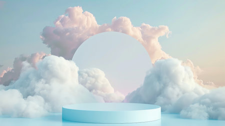 Elegant cloud-themed podium, floating white stand in a soft blue sky, 3D abstract stage, pastel backdrop for product presentationの素材