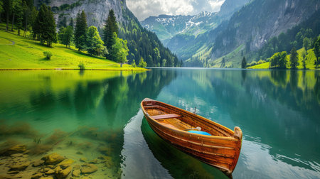 Tranquil mountain lake with a Saanen fishing boat, perfect for capturing the beauty of nature and relaxationの素材