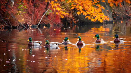 Group of ducks swimming in a calm lake surrounded by autumn foliage, capturing the essence of fall in natureの素材