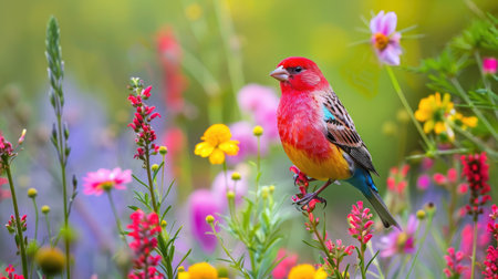Colorful finch perched on a blooming wildflower, capturing the vibrant essence of springtime in natureの素材