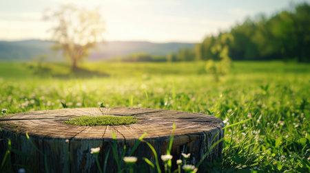 Wooden podium in a farm field, perfect for nature-inspired product displays with green grass and morning sunlightの素材