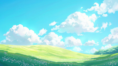 Bright, colorful hill with rounded edges and faint grass, light blue sky, white clouds, in a cute anime style with 3D matte textureの素材