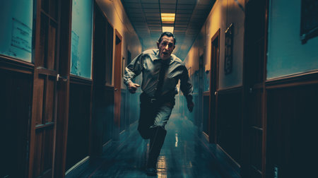 Frightening old teacher running quickly down the hall, school setting, horror graphics, intense chaseの素材