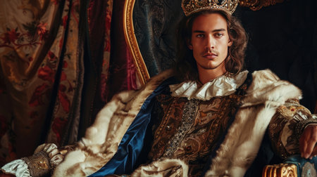 Portrait of a handsome young Renaissance king, sitting on a throne, luxurious crown and robe, regal and dignifiedの素材