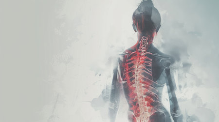 Illustration of a woman with back pain, emphasizing the spine and gray bones, against a light gray background with blurred bordersの素材