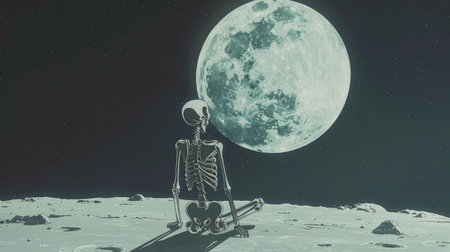 Skeleton on the moon Studio Ghibli style minimalist and whimsical blending simplicity and fantasyの素材
