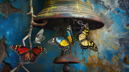 Three vibrant butterflies on a branch inside an old bell, capturing beauty and contrast, colorful and uniqueの素材