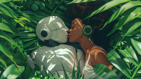 Top view of a woman kissing a white robot, both listening to music, relaxing amidst lush greenery, blending tech and natureの素材