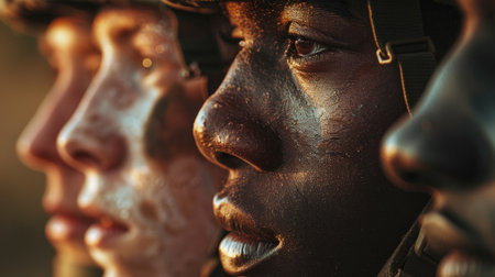 Soldiers of different races, close-up, emphasizing unity and diversity, white and black faces side by sideの素材