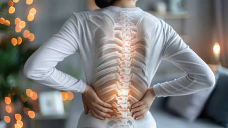 Woman holding her back in pain, with a focus on the spine and outline of gray bones, light gray background, and blurred borders for emphasisの素材
