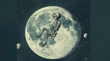 Skeleton sitting on the moon, Studio Ghibli style, minimalist and whimsical, blending simplicity with fantasyの素材