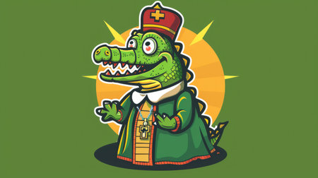 Whimsical crocodile pope logo, cartoon style, colorful and playful caricature, perfect for lighthearted brandingの素材
