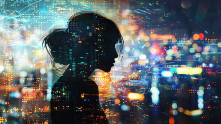 Futuristic cityscape with young woman silhouette blending with lively buildings and city lights, innovative visual effectsの素材