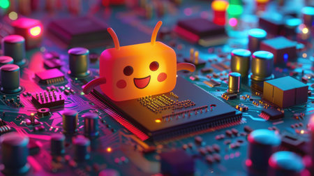Cute semiconductor cartoon with a smiling face standing on a motherboard, colorful characters with small arms and antennasの素材
