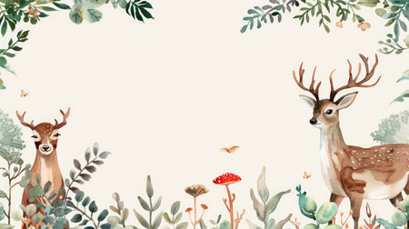 Enchanting watercolor plants and animals form a frame, providing space for your text.の素材