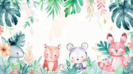 Cute watercolor frame with adorable animals and vibrant plants, offering a whimsical backdrop for your message.の素材