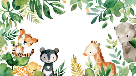 Delicate watercolor animals and vibrant plants create a frame, ideal for highlighting your messageの素材