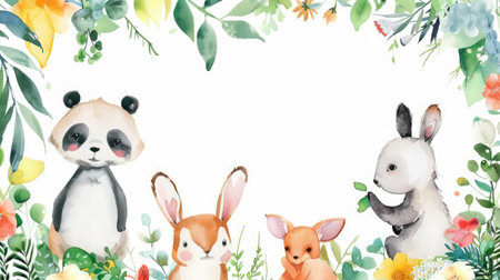 Cute watercolor frame with adorable animals and vibrant plants, ideal for your messageの素材