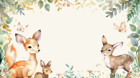Watercolor frame with charming plants and animals, offering a delightful space for your messageの素材