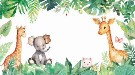 Whimsical watercolor frame with adorable animals and lush plants, offering room for your message.の素材