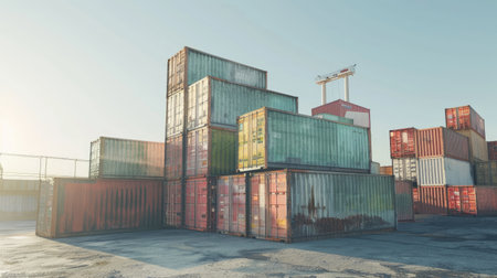 Dramatic industrial scene of stacked shipping containers under a clear sky, sunlight highlighting metallic textures and scaleの素材