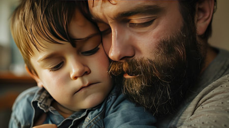 Man with a beard hugging his young son in close-up, both with warm expressions, highlighting a caring and intimate momentの素材