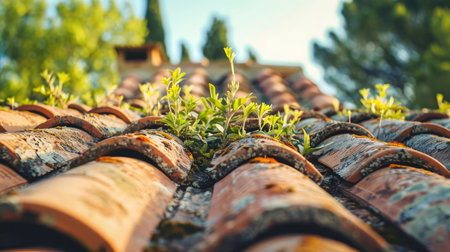 Close-up of a damaged terracotta roof with plants growing between tiles, with a clear sky and green trees in the backgroundの素材