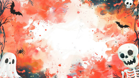 Cute Halloween watercolor frame for kids, showcasing playful icons like smiling skeletons, friendly ghosts, and cheerful spidersの素材