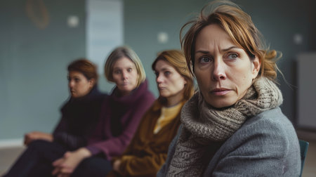 Depressed woman sits pensively in a support group meeting, with three other women in the background, creating a somber atmosphereの素材