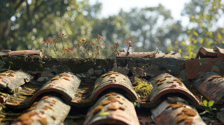 Close-up of a damaged terracotta roof with plants growing between tiles, with a clear sky and green trees in the backgroundの素材