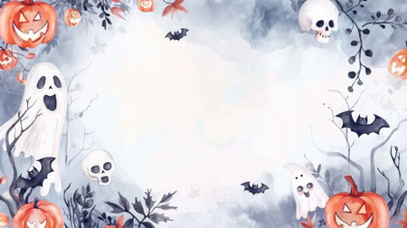 Playful Halloween watercolor frame with cute icons like smiling skeletons and friendly ghosts, designed for childrenの素材