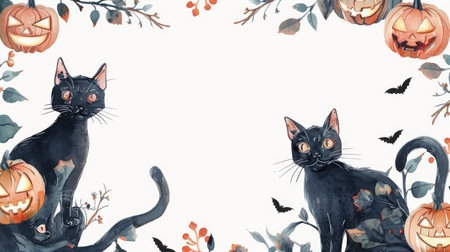 Watercolor frame with delightful Halloween motifs including happy black cats and glowing jack-o'-lanterns, designed for kidsの素材