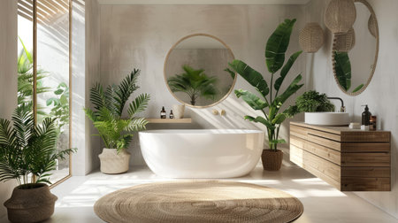 Eco-friendly bathroom design with a spacious white tub, wooden vanity, round mirror, and indoor plants for a natural touchの素材
